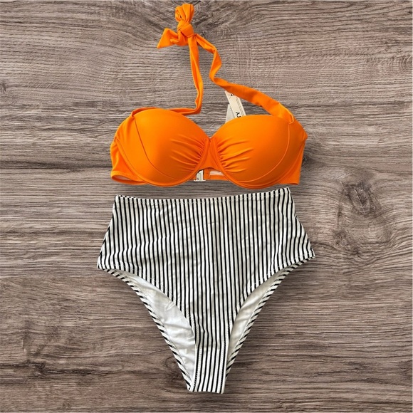 Cupshe Orange Bikini Top with Striped Bottom sz L nwt 011 - Picture 1 of 1